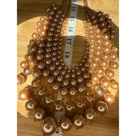 Gold Tone Multi-Layered Faux Pearl Statement Necklace With Clear Beads & Adjusta - Picture 6 of 9